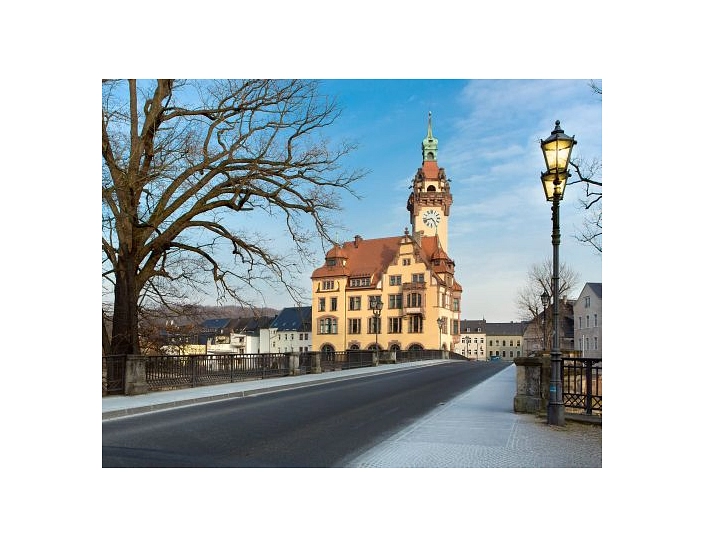 Das Bild zeigt das Rathaus von Waldheim.
Das Rathaus ist ein großes, historisches Gebäude mit mehreren Etagen. Die Fassade ist gelb gestrichen, das Dach ist rot. Besonders auffällig ist der hohe Turm mit einer Uhr und einer grünen Turmspitze.
Das Gebäude steht direkt an einer Brücke über einen Fluss. Die Straße auf der Brücke ist leer. Links sieht man einen großen, kahlen Baum. Rechts steht eine alte Straßenlaterne.

Im Hintergrund sind weitere Häuser und eine leicht hügelige Landschaft zu sehen. Der Himmel ist blau und klar. Das Bild wirkt ruhig und freundlich.