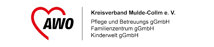 Links im Bild ist ein rotes Herzsymbol zu sehen, das offen gestaltet ist. In der Mitte des Herzens stehen die schwarzen Großbuchstaben „AWO“.

Rechts daneben befindet sich schwarzer Text auf weißem Hintergrund. Oben steht „Kreisverband Mulde-Collm e. V.“. Darunter folgen drei Zeilen:
„Pflege und Betreuungs gGmbH“,
„Familienzentrum gGmbH“
und „Kinderwelt gGmbH“.
Das Bild ist das Logo des  „Kreisverband Mulde-Collm e. V.“.&nbsp;&copy;&nbsp;Kreisverband Mulde-Collm e.V.