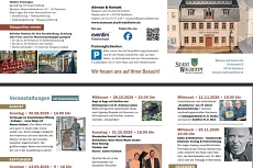 Der Flyer informiert über das Veranstaltungsprogramm des Stadt- und Museumshauses Waldheim für das zweite Halbjahr 2026. Das Layout ist dreispaltig gestaltet und verwendet die Farben Blaugrün und Ocker als Gestaltungselemente. Mehrere Fotos zeigen historische Gebäude, Ausstellungen sowie Referentinnen und Referenten der Veranstaltungen.
Oben rechts steht groß der Titel: „Veranstaltungsplan 2. Halbjahr 2026“. Daneben ist ein Foto des Stadt- und Museumshauses Waldheim abgebildet. Das Logo der Stadt Waldheim befindet sich am unteren Rand.
Im oberen Bereich des Flyers stehen organisatorische Informationen:
•	Anmeldung zu Veranstaltungen per E-Mail, Telefon oder persönlich. 
•	Hinweise zum Erwerb von Eintrittskarten und regionalen Produkten. 
•	Öffnungszeiten des Museums: 
o	Dienstag bis Sonntag: 9 bis 12 Uhr 
o	Dienstag bis Sonntag: 13 bis 16 Uhr 
•	Kontaktdaten des Museums und Informationen zu Parkmöglichkeiten. 
•	Donnerstag, 10. Dezember 2026, 19 Uhr 
•	Bildvortrag „Die Waldheim – Kriebsteiner Eisenbahn“ 
•	Referent: Hans-Rainer FischerDarunter werden Termine für Friedhofsführungen genannt:
20.09.2026 und 27.09.2026 jeweils mit Voranmeldung. 
Außerdem wird die Möglichkeit erwähnt, den historischen Glaspavillon für private Veranstaltungen zu mieten.
Veranstaltungsübersicht
Die Veranstaltungen sind nach Monaten gegliedert:
August
•	30. August 2026, 14 Uhr 
•	Vernissage zur Ausstellung „Collagen – neue Wege mit Werner Rollow“. 
September
•	13. September 2026, 9 bis 16 Uhr 
•	Tag des offenen Denkmals im Lindenhof Waldheim Waldheim. 
Oktober
•	7. Oktober 2026, 19 Uhr 
•	Zeitzeugenbericht von Dr. Jörg Bike über die Zeit in der JVA in Waldheim. 
•	28. Oktober 2026, 19 Uhr 
•	Vortrag über Schimpansen von Dr. Andreas Liebau. 
•	31.10.2026,18 Uhr
•	Klassisches Konzert im Ratssaal
November
•	4. November 2026, 19 Uhr 
•	Vortrag zur Geschichte der Stadtkirche St. Nicolai Waldheim von Michael Kreskowsky 
•	11. November 2026, 19 Uhr 
•	Knaststorys -Vom Gefängnisdirektor und seinem Gehilfen
•	25. November 2026, 19 Uhr 
•	Kübler und Niethammer Filmvorführung
Dezember
•	4. Dezember 2026 
•	Weihnachtsmarkt mit Händlerständen, Vorführungen, historischer Handwerkskunst, Musik 
•	09. Dezember 2026, 19Uhr 
•	175 Jahre Eisenbahn
Der Flyer endet mit dem Willkommensgruß: „Wir freuen uns auf Ihren Besuch!“
________________________________________